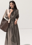 velvet swing collar dress, micro velvet long sleeve dress, literary style long dress women, scarf collar draped maxi dress, elegant waist velvet gown, fall winter 2025 dresses women, artistic flowing long skirt, korean minimalist dress style, soft street velvet dress, nowa tokyo boutique fashion