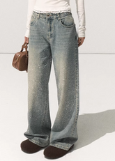 rhinestone denim jeans women, glitter star jeans, sparkling straight leg jeans, fall winter 2025 jeans women, washed rhinestone pants, korean street style denim, embellished star jeans, casual wide leg rhinestone jeans, nowa tokyo fashion jeans, celestial denim pants