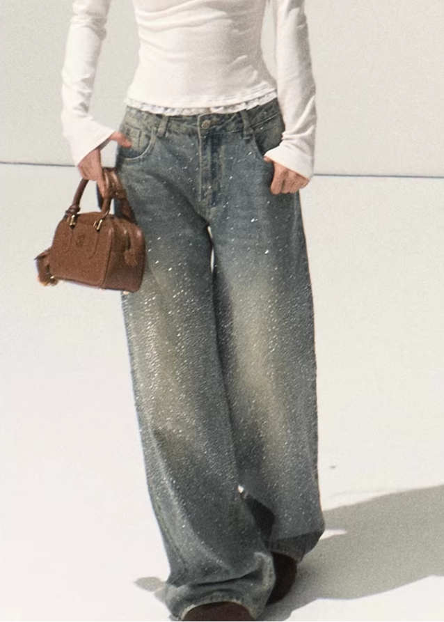 rhinestone denim jeans women, glitter star jeans, sparkling straight leg jeans, fall winter 2025 jeans women, washed rhinestone pants, korean street style denim, embellished star jeans, casual wide leg rhinestone jeans, nowa tokyo fashion jeans, celestial denim pants