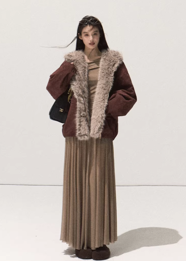 suede fur jacket women, eco friendly faux fur coat, winter 2025 suede outerwear, thick warm fur collar jacket, korean street winter coat, vintage suede shearling jacket, soft suede faux fur jacket women, oversized cozy winter outerwear, nowa tokyo high end street fashion