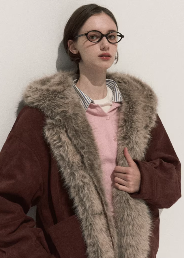 suede fur jacket women, eco friendly faux fur coat, winter 2025 suede outerwear, thick warm fur collar jacket, korean street winter coat, vintage suede shearling jacket, soft suede faux fur jacket women, oversized cozy winter outerwear, nowa tokyo high end street fashion