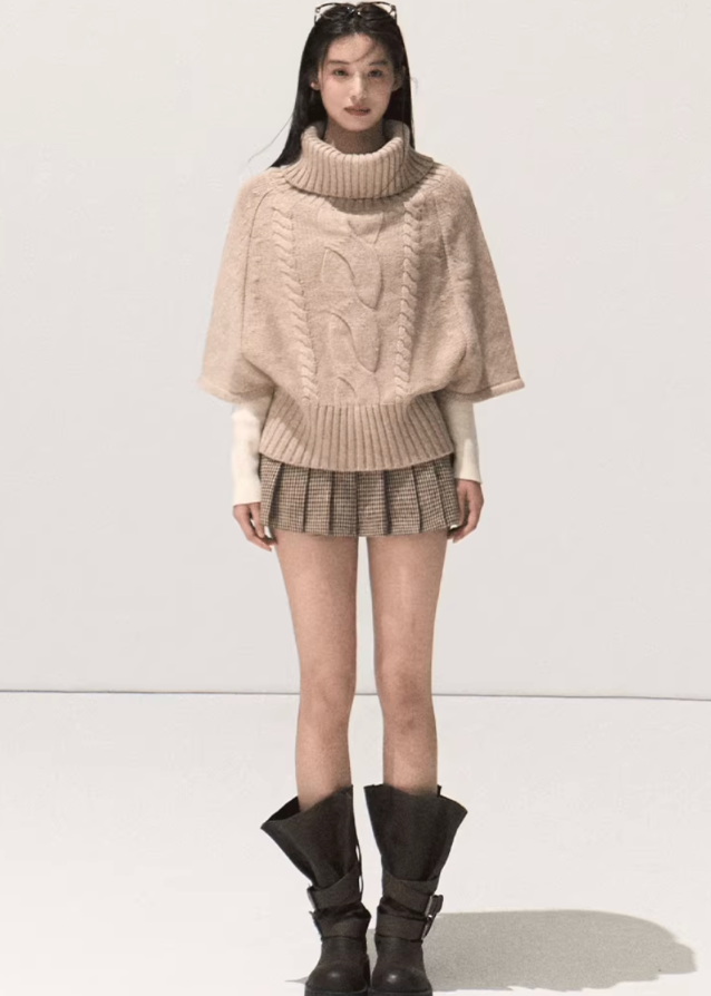 korean wool knit cape sweater, turtleneck cable knit top, vintage knit cloak korea, korean off shoulder winter sweater, wool poncho style sweater, thick knit pullover women, cozy oversized turtleneck top, korean elegant knitwear women, retro wool winter top, cable twist knit jumper, minimalist wool cape top, korean autumn winter outfit, soft knit poncho korea, korean chic vintage sweater, wool turtleneck oversized cape