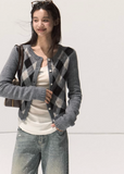 korean argyle knit cardigan, vintage polo sweater women, contrast pattern knitwear, korean retro casual cardigan, lazy wind fall sweater, soft argyle polo knit, korean preppy check sweater, seoul vintage knit top, elegant autumn knit cardigan, wool blend retro top, korean daily layering cardigan, argyle check knitwear women, cozy soft polo sweater, vintage korean fashion outfit, preppy chic argyle cardigan