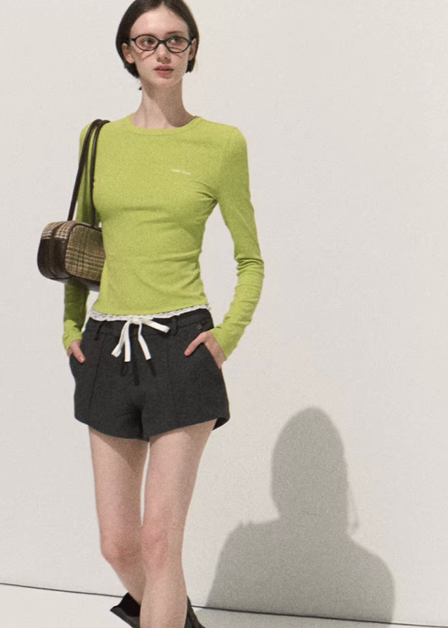 korean lace long sleeve t-shirt, slim fit knit top women, preppy korean outfit top, lace trim base tee korea, soft slim fit top women, seoul daily casual top, feminine korean lace knitwear, minimalist long sleeve top, cute lace long sleeve shirt, korean preppy street top, soft knit layering outfit, korean school style fashion, slim lace trim knit top, breathable autumn base top, aesthetic korean long sleeve tee