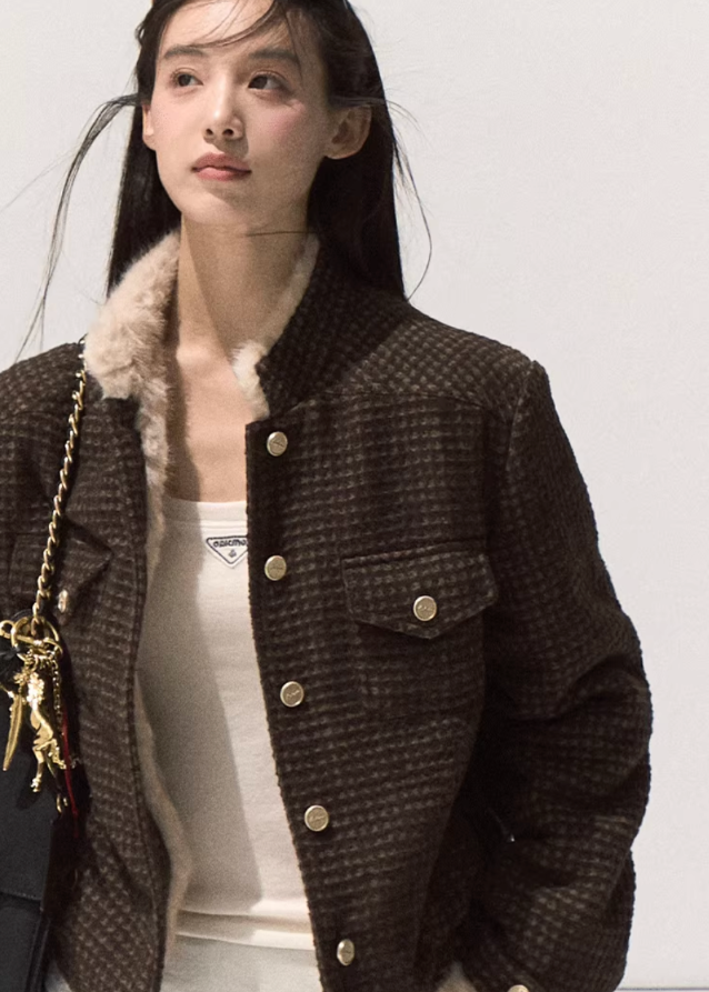 korean tweed jacket women, mink imitation knit coat, checkerboard short jacket, korean retro cardigan jacket, small fragrance fur jacket, elegant autumn knit outerwear, cozy mink faux fur jacket, korean street style coat, check pattern knitted coat, fall winter women jacket, short tweed jacket korean, elegant check knit top, korean vintage outfit, brown retro cardigan coat, soft imitation mink jacket