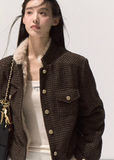 korean tweed jacket women, mink imitation knit coat, checkerboard short jacket, korean retro cardigan jacket, small fragrance fur jacket, elegant autumn knit outerwear, cozy mink faux fur jacket, korean street style coat, check pattern knitted coat, fall winter women jacket, short tweed jacket korean, elegant check knit top, korean vintage outfit, brown retro cardigan coat, soft imitation mink jacket