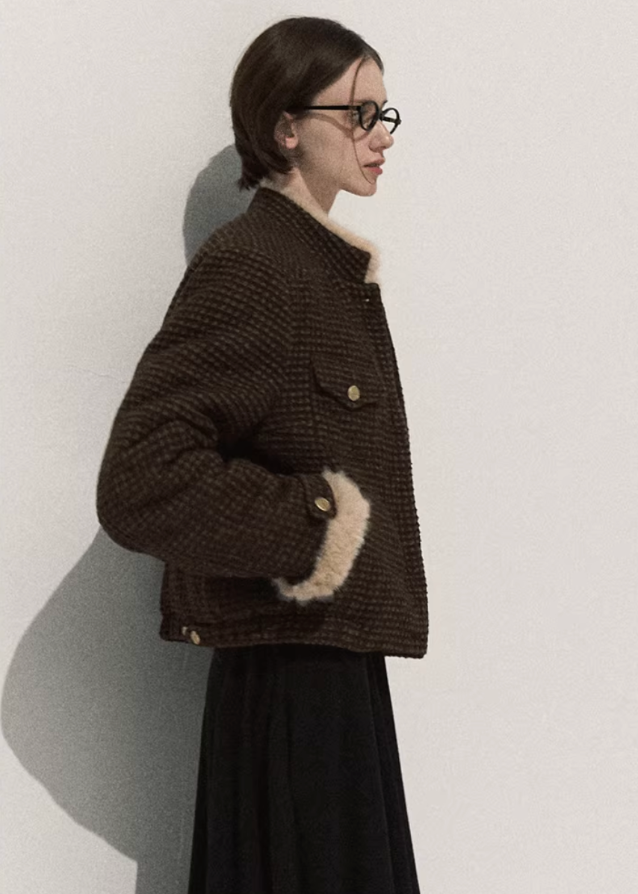 korean tweed jacket women, mink imitation knit coat, checkerboard short jacket, korean retro cardigan jacket, small fragrance fur jacket, elegant autumn knit outerwear, cozy mink faux fur jacket, korean street style coat, check pattern knitted coat, fall winter women jacket, short tweed jacket korean, elegant check knit top, korean vintage outfit, brown retro cardigan coat, soft imitation mink jacket