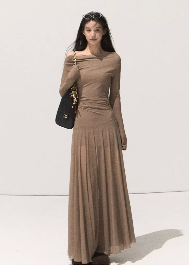 korean off shoulder long dress, minimalist chiffon long dress women, sheer mesh off shoulder gown, korean modern elegant long sleeve dress, soft beige off shoulder slim dress, seoul feminine sheer outfit, korean street fashion evening dress, high waist slim fit long dress, kfashion autumn soft mesh dress, korean aesthetic romantic gown, off shoulder elegant maxi dress, korean poetic minimalism fashion, flowy long dress seoul style, feminine waist wrap dress, neutral tone chiffon gown women