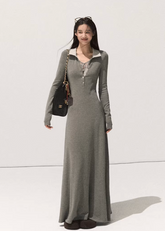 korean knit long dress women, polo collar slim knit dress, minimalist korean long sleeve dress, fake two piece knit dress, seoul fashion ribbed knit dress, korean fall long dress outfit, elegant collared knit maxi dress, korean feminine waist long dress, chic minimalist knitwear dress, korean autumn fashion outfit, casual elegant polo knit dress, modern korean slim dress, soft texture knit long sleeve gown, korean two piece illusion dress, ribbed slim waist knit dress women