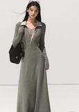 korean knit long dress women, polo collar slim knit dress, minimalist korean long sleeve dress, fake two piece knit dress, seoul fashion ribbed knit dress, korean fall long dress outfit, elegant collared knit maxi dress, korean feminine waist long dress, chic minimalist knitwear dress, korean autumn fashion outfit, casual elegant polo knit dress, modern korean slim dress, soft texture knit long sleeve gown, korean two piece illusion dress, ribbed slim waist knit dress women