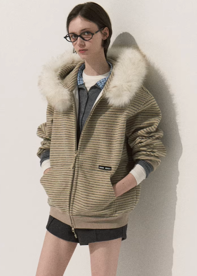 korean fur collar hoodie women, detachable fur hooded jacket, korean striped zip up sweatshirt, winter cozy hoodie women, seoul fashion fur trim jacket, korean fall winter casual outerwear, soft striped fleece hoodie, loose fit warm zip jacket, korean trendy fur hoodie outfit, minimalist beige stripe hoodie, oversized zip up streetwear, korean autumn winter sweatshirt, cute warm fur collar hoodie, comfy drawstring hood jacket, korean casual street style hoodie women