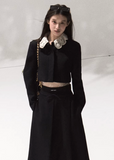 OAKMOO tweed two piece set, crochet collar suit women, wool handmade set outfit, vintage long skirt set, elegant autumn winter suit, chic Korean fashion outfit, tweed crop top set, OAKMOO AW collection, classic black skirt suit, minimalist luxury fashion