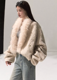 OAKMOO wool fur collar jacket, cropped shearling coat women, winter warm jacket, oversized faux fur coat, Korean fashion outerwear, cozy chic wool jacket, OAKMOO AW collection, short fleece coat women, stylish winter bomber, neutral tone jacket