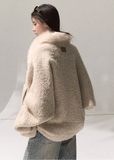 OAKMOO wool fur collar jacket, cropped shearling coat women, winter warm jacket, oversized faux fur coat, Korean fashion outerwear, cozy chic wool jacket, OAKMOO AW collection, short fleece coat women, stylish winter bomber, neutral tone jacket