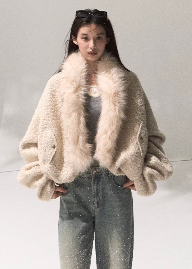 OAKMOO wool fur collar jacket, cropped shearling coat women, winter warm jacket, oversized faux fur coat, Korean fashion outerwear, cozy chic wool jacket, OAKMOO AW collection, short fleece coat women, stylish winter bomber, neutral tone jacket
