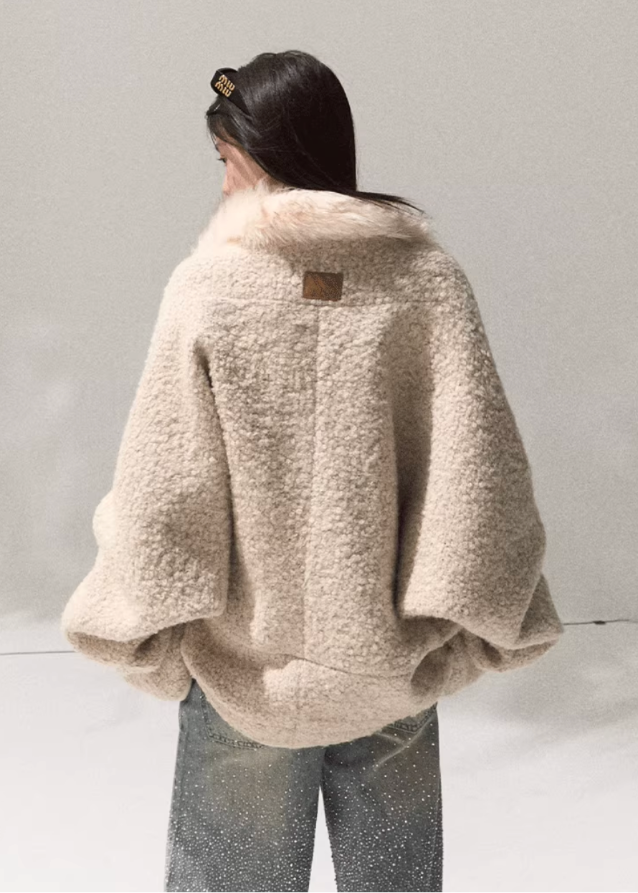 OAKMOO wool fur collar jacket, cropped shearling coat women, winter warm jacket, oversized faux fur coat, Korean fashion outerwear, cozy chic wool jacket, OAKMOO AW collection, short fleece coat women, stylish winter bomber, neutral tone jacket