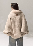 OAKMOO wool fur collar jacket, cropped shearling coat women, winter warm jacket, oversized faux fur coat, Korean fashion outerwear, cozy chic wool jacket, OAKMOO AW collection, short fleece coat women, stylish winter bomber, neutral tone jacket