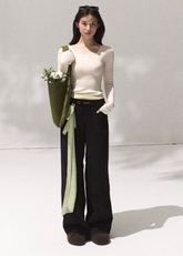 OAKMOO corduroy wide leg pants, fake two piece trousers women, loose straight leg pants, draped cord pants, autumn winter high waist slacks, Korean fashion streetwear, casual wide pants, OAKMOO AW collection, elegant loose fit pants, soft corduroy trousers