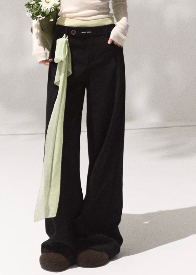 OAKMOO corduroy wide leg pants, fake two piece trousers women, loose straight leg pants, draped cord pants, autumn winter high waist slacks, Korean fashion streetwear, casual wide pants, OAKMOO AW collection, elegant loose fit pants, soft corduroy trousers