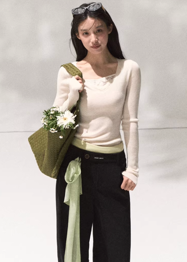 OAKMOO corduroy wide leg pants, fake two piece trousers women, loose straight leg pants, draped cord pants, autumn winter high waist slacks, Korean fashion streetwear, casual wide pants, OAKMOO AW collection, elegant loose fit pants, soft corduroy trousers