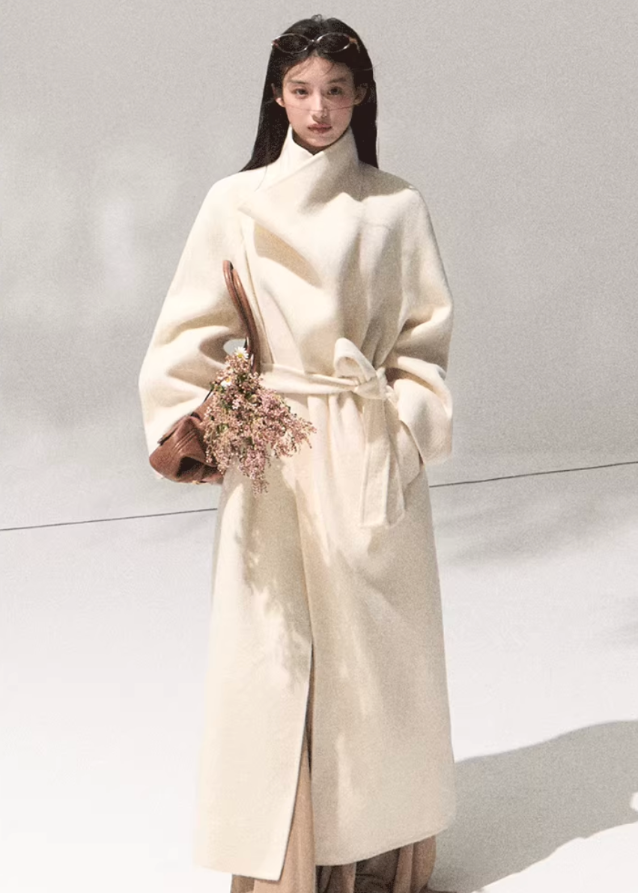 OAKMOO wool coat, long swing collar coat, full wool overcoat women, luxury winter jacket, belted wool wrap coat, minimalist draped coat, Korean fashion outerwear, OAKMOO AW collection, high-end wool trench, elegant long coat