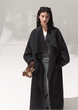 OAKMOO wool coat, long swing collar coat, full wool overcoat women, luxury winter jacket, belted wool wrap coat, minimalist draped coat, Korean fashion outerwear, OAKMOO AW collection, high-end wool trench, elegant long coat