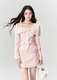 Fragileheart tweed set, pink bow jacket, luxury Korean fashion, elegant two-piece outfit, pastel tweed suit, quiet luxury womenswear, soft pink ensemble, French small fragrance style, K-fashion 2025, feminine office outfit, luxury tweed mini skirt set, romantic pastel look, modern elegant fashion, couture-inspired outfit