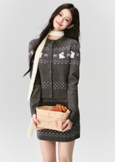 Fragileheart knit set, Fair Isle sweater outfit, winter Korean fashion, bunny pattern cardigan, luxury feminine knitwear, quiet luxury winter style, pastel noir aesthetic, elegant two-piece knit set, cozy winter outfit, K-fashion 2025, cute chic knit ensemble, rabbit motif sweater, romantic knit skirt look, soft feminine fashion