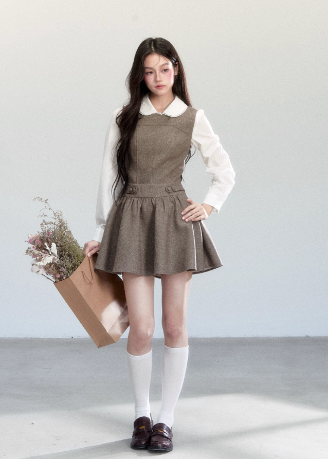 Fragileheart vest dress set, doll collar blouse, luxury Korean fashion, elegant autumn outfit, quiet luxury womenswear, pastel noir aesthetic, preppy Korean fashion, taupe layered dress, K-fashion 2025, modern feminine look, romantic school style, soft brown dress outfit, delicate preppy outfit, refined fall fashion