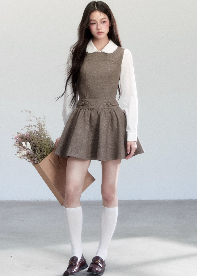 Fragileheart vest dress set, doll collar blouse, luxury Korean fashion, elegant autumn outfit, quiet luxury womenswear, pastel noir aesthetic, preppy Korean fashion, taupe layered dress, K-fashion 2025, modern feminine look, romantic school style, soft brown dress outfit, delicate preppy outfit, refined fall fashion