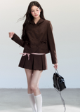 Fragileheart skirt suit set, brown pleated two-piece, luxury Korean fashion, doll collar jacket, vintage feminine outfit, quiet luxury womenswear, pastel noir aesthetic, elegant autumn ensemble, K-fashion 2025, romantic preppy look, mocha brown outfit, chic bow jacket set, soft classic fashion, refined Korean style