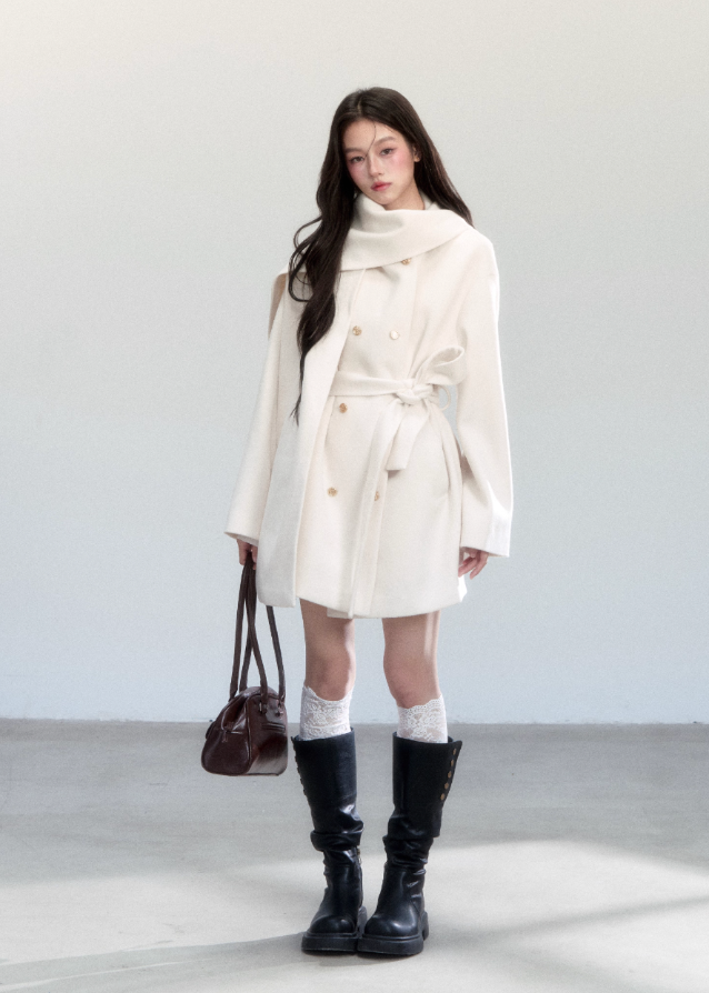 Fragileheart wool coat, scarf collar jacket, ivory belted coat, luxury Korean fashion, quiet luxury outerwear, pastel noir aesthetic, elegant winter coat, K-fashion 2025, soft feminine style, minimalist wool wrap, chic winter outfit, modern elegant outerwear, white long coat, sophisticated Korean womenswear