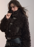 VIAPITTI fur jacket, heavyweight shearling coat, black turtleneck jacket, luxury streetwear women, edgy Korean fashion, winter warm outerwear, short fur coat, urban street couture, metal buckle jacket, black shearling top, K-fashion 2025, modern streetwear, bold feminine jacket, designer winter outfit