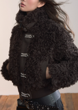 VIAPITTI fur jacket, heavyweight shearling coat, black turtleneck jacket, luxury streetwear women, edgy Korean fashion, winter warm outerwear, short fur coat, urban street couture, metal buckle jacket, black shearling top, K-fashion 2025, modern streetwear, bold feminine jacket, designer winter outfit
