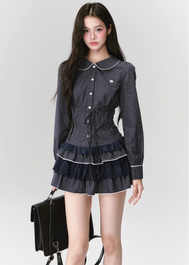 Fragileheart lace set, gingham blouse skirt, luxury Korean fashion, elegant two-piece outfit, soft preppy K-fashion, 2025 fall collection, quiet luxury style, pastel noir aesthetic, romantic layered skirt, modern feminine fashion, luxury womenswear, Korean academic outfit, chic lace two-piece dress, graceful preppy look, soft vintage fashion