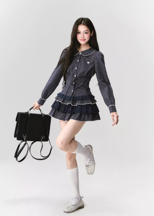 Fragileheart lace set, gingham blouse skirt, luxury Korean fashion, elegant two-piece outfit, soft preppy K-fashion, 2025 fall collection, quiet luxury style, pastel noir aesthetic, romantic layered skirt, modern feminine fashion, luxury womenswear, Korean academic outfit, chic lace two-piece dress, graceful preppy look, soft vintage fashion