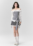 Fragileheart off-shoulder blouse, grey patchwork top, asymmetric layered shirt, luxury Korean fashion, elegant autumn outfit, quiet luxury style, pastel noir aesthetic, K-fashion 2025, structured feminine top, intellectual modern look, pre-fall womenswear, romantic Korean blouse, soft grey knit shirt, delicate tailored outfit