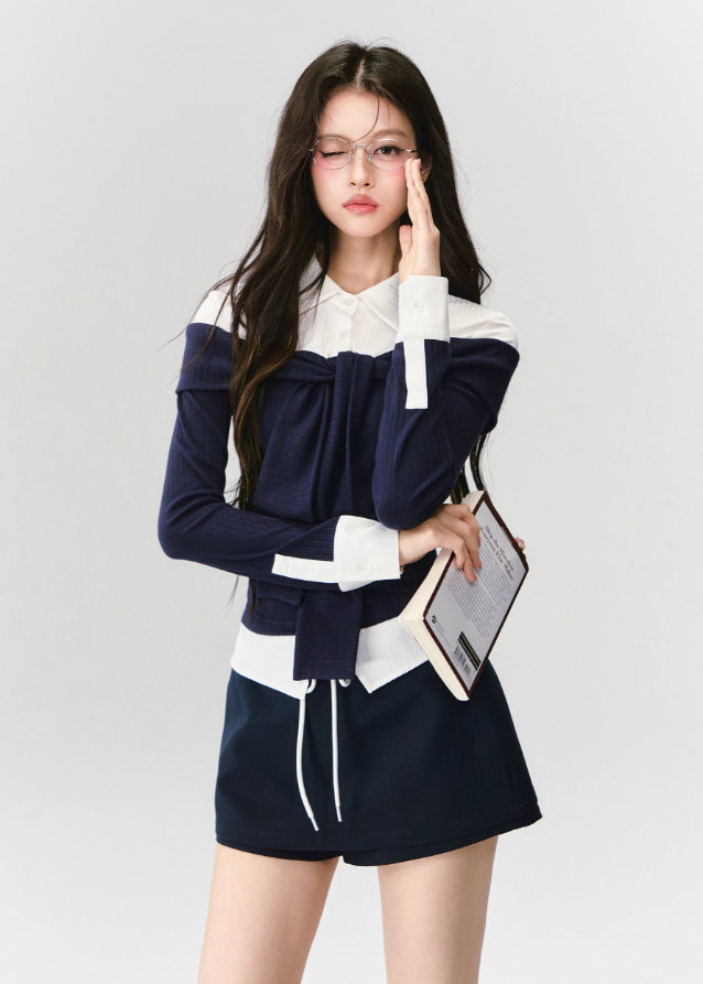 Fragileheart knit top set, off-shoulder sweater, luxury Korean fashion, elegant preppy outfit, autumn winter 2025, quiet luxury style, pastel noir aesthetic, black and white knitwear, K-fashion two-piece set, modern feminine look, ribbon detail top, soft academic chic, refined Korean womenswear, structured luxury knit