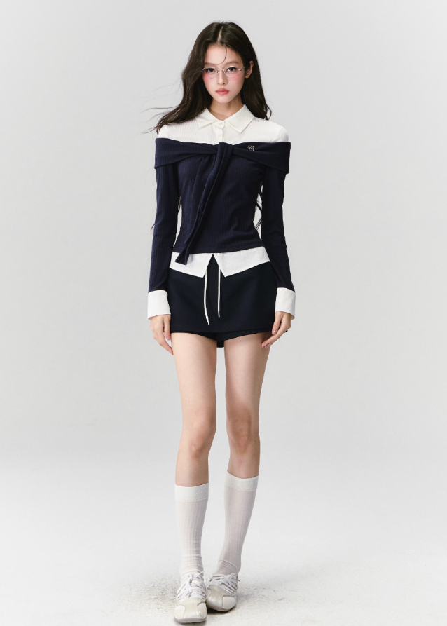 Fragileheart knit top set, off-shoulder sweater, luxury Korean fashion, elegant preppy outfit, autumn winter 2025, quiet luxury style, pastel noir aesthetic, black and white knitwear, K-fashion two-piece set, modern feminine look, ribbon detail top, soft academic chic, refined Korean womenswear, structured luxury knit