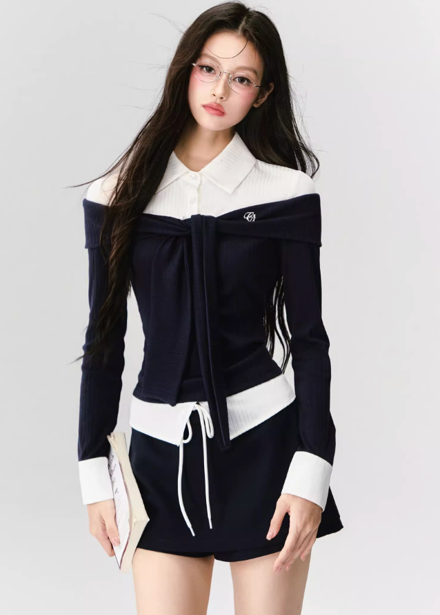 Fragileheart knit top set, off-shoulder sweater, luxury Korean fashion, elegant preppy outfit, autumn winter 2025, quiet luxury style, pastel noir aesthetic, black and white knitwear, K-fashion two-piece set, modern feminine look, ribbon detail top, soft academic chic, refined Korean womenswear, structured luxury knit