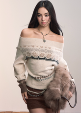VIAPITTI off shoulder knit, fair isle sweater women, contrast wool knitwear, edgy Korean fashion, autumn winter sweater, one shoulder knit top, street style knitwear, Nordic pattern sweater, K-fashion 2025, warm wool knitted top, urban chic sweater, relaxed street knit, soft winter outfit, modern Korean streetwear