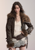 VIAPITTI faux fur jacket, heavy industry short coat, big fur collar lapel, autumn winter fur jacket, edgy Korean fashion, industrial streetwear women, imitation fur aviator jacket, rugged shearling coat, K-fashion 2025, warm winter street coat, urban grunge jacket, faux fur integrated top