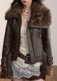 VIAPITTI faux fur jacket, heavy industry short coat, big fur collar lapel, autumn winter fur jacket, edgy Korean fashion, industrial streetwear women, imitation fur aviator jacket, rugged shearling coat, K-fashion 2025, warm winter street coat, urban grunge jacket, faux fur integrated top