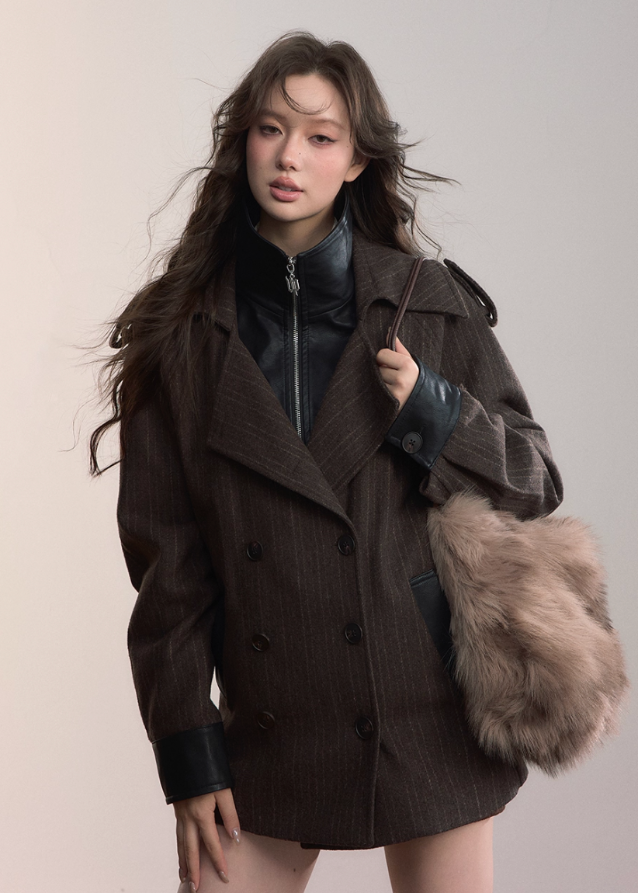 VIAPITTI splice jacket, fake two piece suit coat, contrast panel jacket, industrial streetwear women, autumn winter suit top, oversized hybrid jacket, edgy Korean fashion, workwear inspired coat, K-fashion 2025, loose versatile jacket, spliced contrast blazer, engineered street style, modern urban outerwear