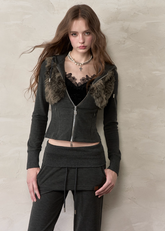 VIAPITTI fur hoodie, fur collar hoodie women, vintage fur trim jacket, cropped zip hoodie, slim fit fur sweatshirt, autumn winter streetwear hoodie, grunge style fur jacket, Korean edgy fashion hoodie, faux fur zip-up top, women’s slim street jacket
