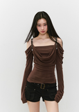 VIAPITTI strap top, leather strap long sleeve, draped off shoulder top, asymmetric streetwear top, Y2K hot girl top, edgy one shoulder shirt, Korean street fashion top, slim fit draped neckline tee, dark aesthetic long sleeve, acetate drape top women