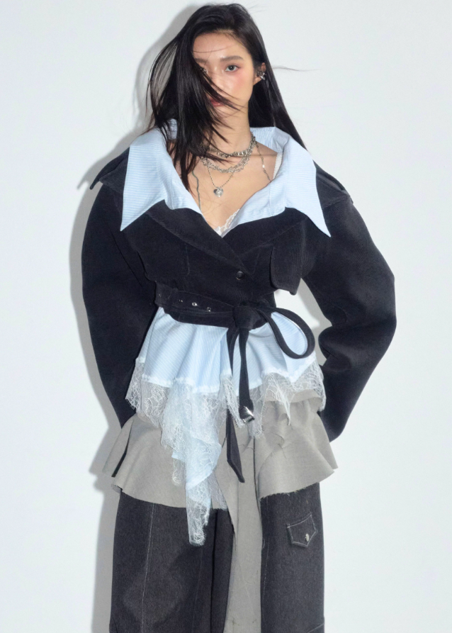 korean lace jacket, hybrid layered jacket women, deconstructed short coat, asymmetric lace trim jacket, korean street style coat, JNYLON jacket 2025, contrast panel outerwear, fake two piece jacket women, lace patchwork blazer, avant garde korean fashion, layered silhouette jacket, romantic grunge jacket, korean asymmetrical coat, soft edgy fashion jacket