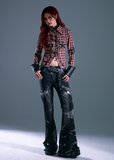 punk plaid bolero, edgy leather strap shirt, grunge slim fit plaid top, star patch punk shirt, frustration garden top, vintage punk check shirt, gothic plaid bolero women's, deconstructed plaid shirt, y2k punk long sleeve top, strap detail punk fashion