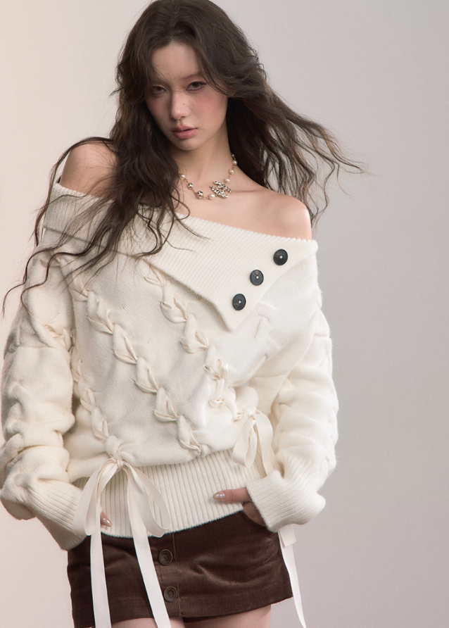 VIAPITTI one shoulder knit, cross webbing sweater, cable loose sweater, edgy Korean fashion, fall winter knit top, asymmetrical knitwear women, industrial street style, off shoulder cable knit, soft grunge sweater, K-fashion 2025, textured knit top, urban chic knitwear