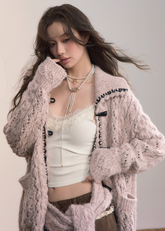 VIAPITTI knit coat, horn buckle sweater jacket, oversized winter knit, industrial streetwear women, fall winter lazy style top, heavy knit lapel coat, toggle knit jacket, rugged textured sweater, K-fashion 2025, urban street knitwear, warm loose knit coat, soft grunge knit jacket